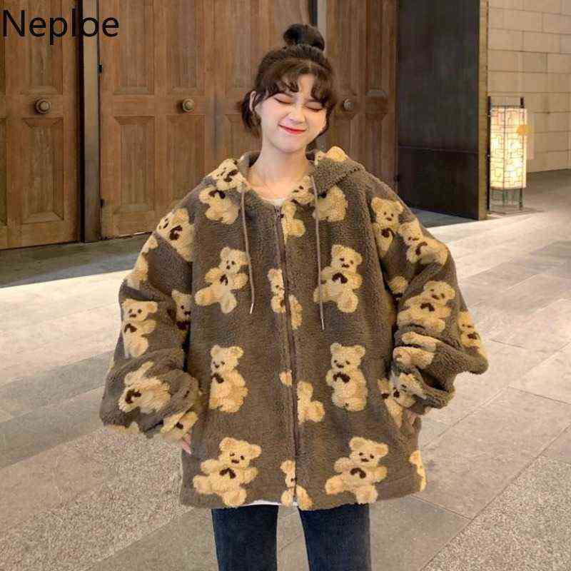 Neploe Cute Women Hoodie Winter Loose Hoodies Sweatshirts Streetwear Thick Lamb Wool Bear Coat Zipper Oversized Outwear 211109