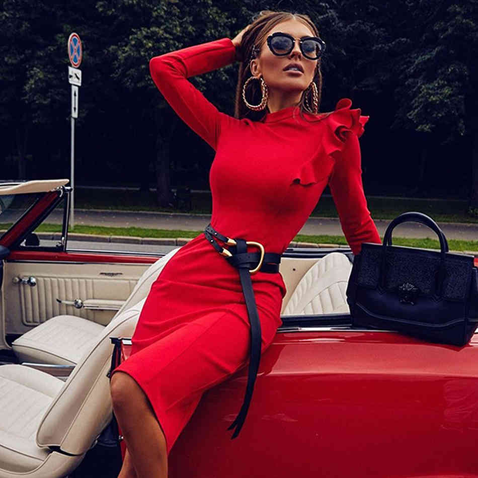 Free Women Red Midi Bandage Dress Elegant O Neck Long Sleeve Ruffle Bodycon Celebrity Club Party Vestido 210524