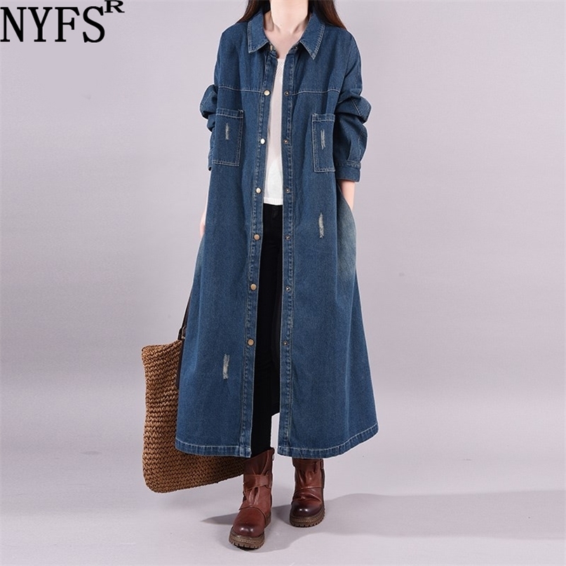 NYFS Big size Loose Single Breasted Denim Trench Coat Women Vintage Solid color Long Windbreaker 210820