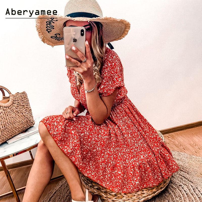 Casual Dresses Aberyamee Orange Floral Dress Woman Summer Lace Up Styles Ruffled V Neck Sukienka Chic 2021 Fashion Hole Lady Mini Vestidos