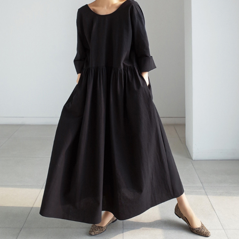Casual Long Sleeve Black Summer Vintage Loose High Waist Slim Was Thin Elegant Splice Irregular Pleating Maxi Dress 991E 210420