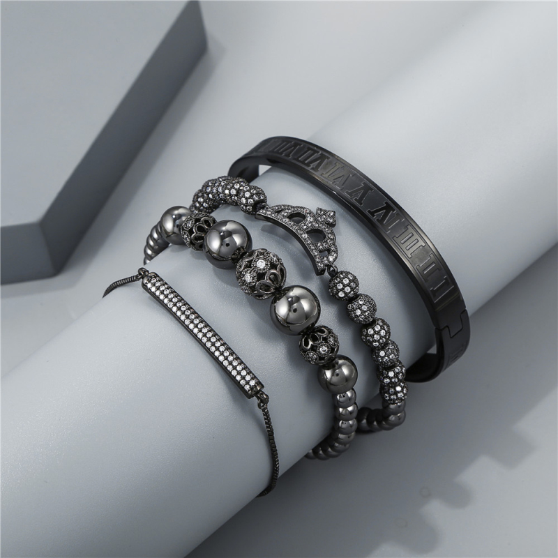 Classic Design Cool Diamond Ball CZ Crown Charm Bracelet Roman Numerals Bangles for Gift 4pcs/set
