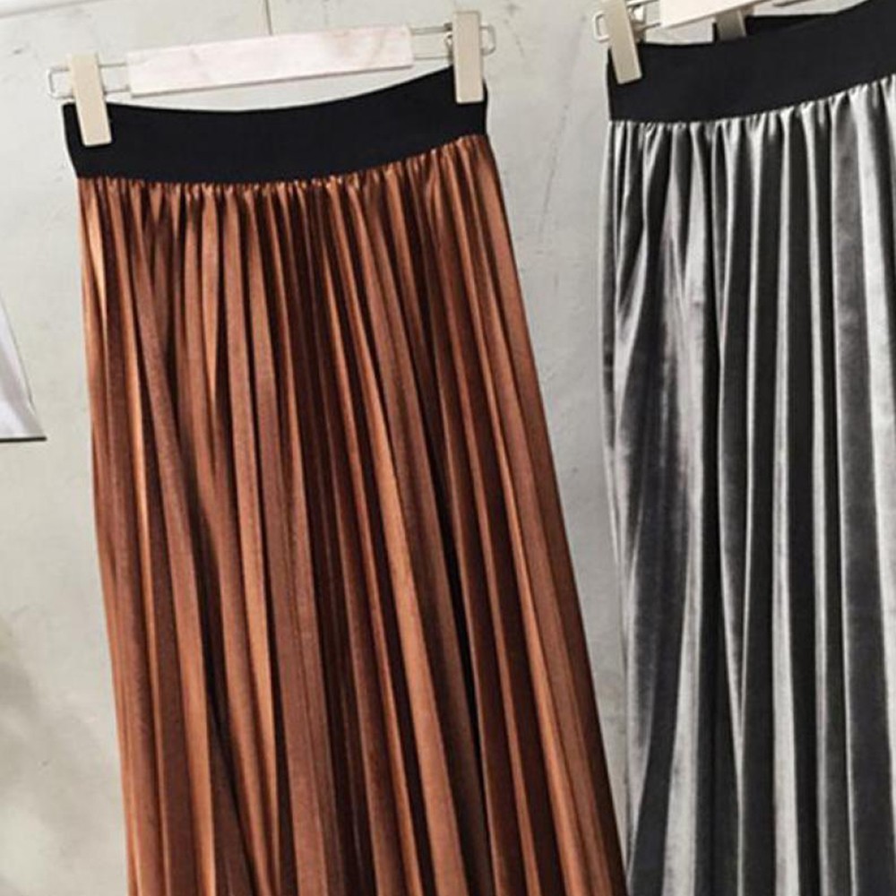 Autumn Women Casual Long Metallic Silver Maxi Pleated Skirt Midi Elastic High Waist Suede Party 210428