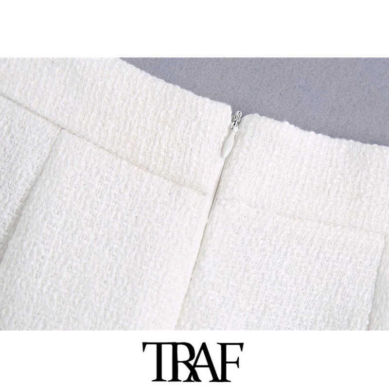 TRAF Women Chic Fashion With Buttons Front Slit Tweed Midi Skirt Vintage High Waist Back Zipper Female Skirts Mujer 210621