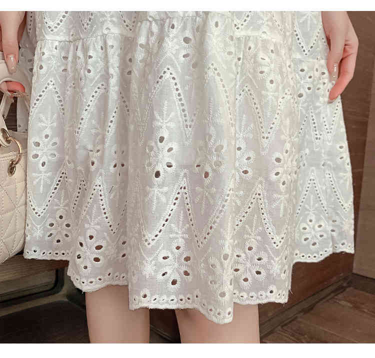 Fashion Lace Hollow Out Puff Sleeve Summer Dresses Slim Waist Embroidery White Dress Vestidos 210520