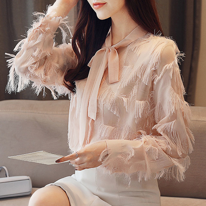 blusas mujer de moda Women Blouses Casual Pink and White Elegant ladies tops Long Sleeve Bow Women Clothing 5544 50 210417