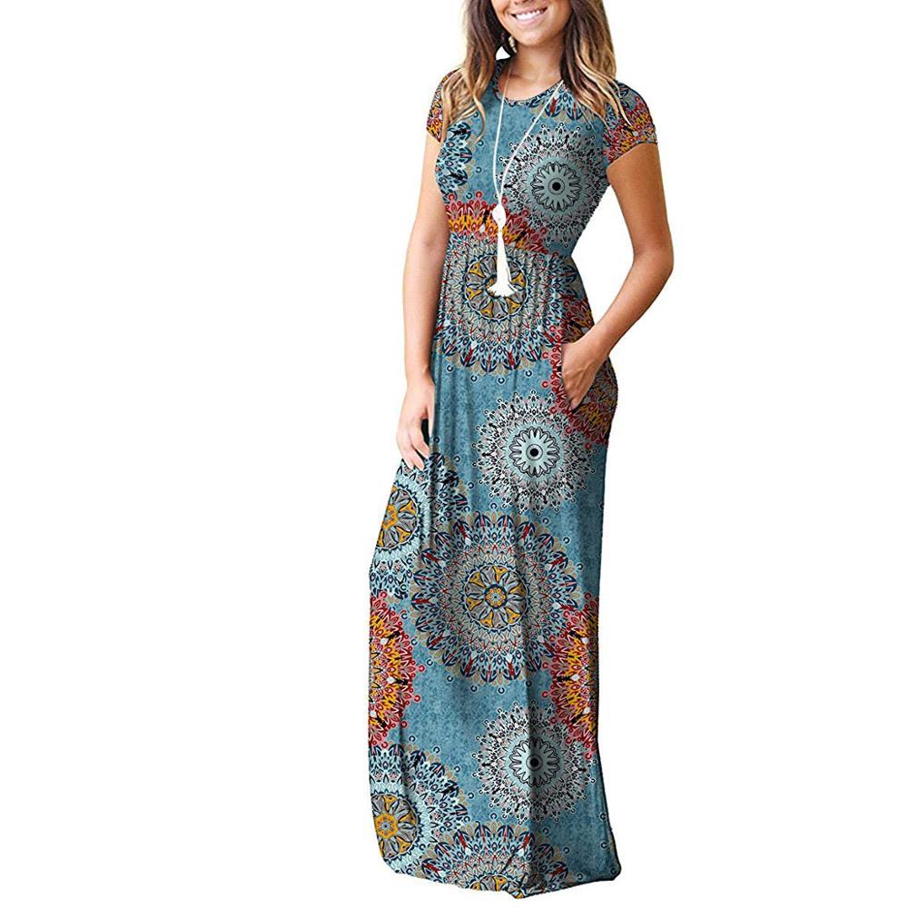 GULE Short Sleeve Summer Pleated Empire Waist Round Neck Floral Maxi Long Pockets Dress 210409