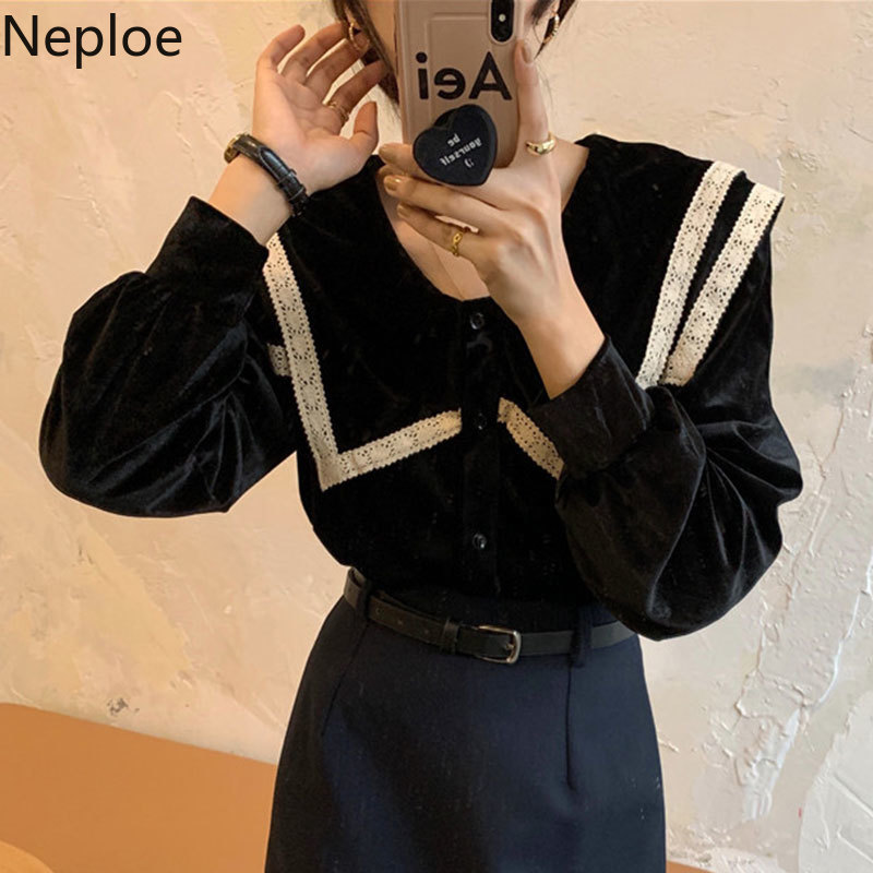 Neploe Vintage Temperament Shirts Women Blouses Long Sleeve Velvet Blouses Lace Tops Korean Chic Clothes Fashion Blusas 210422
