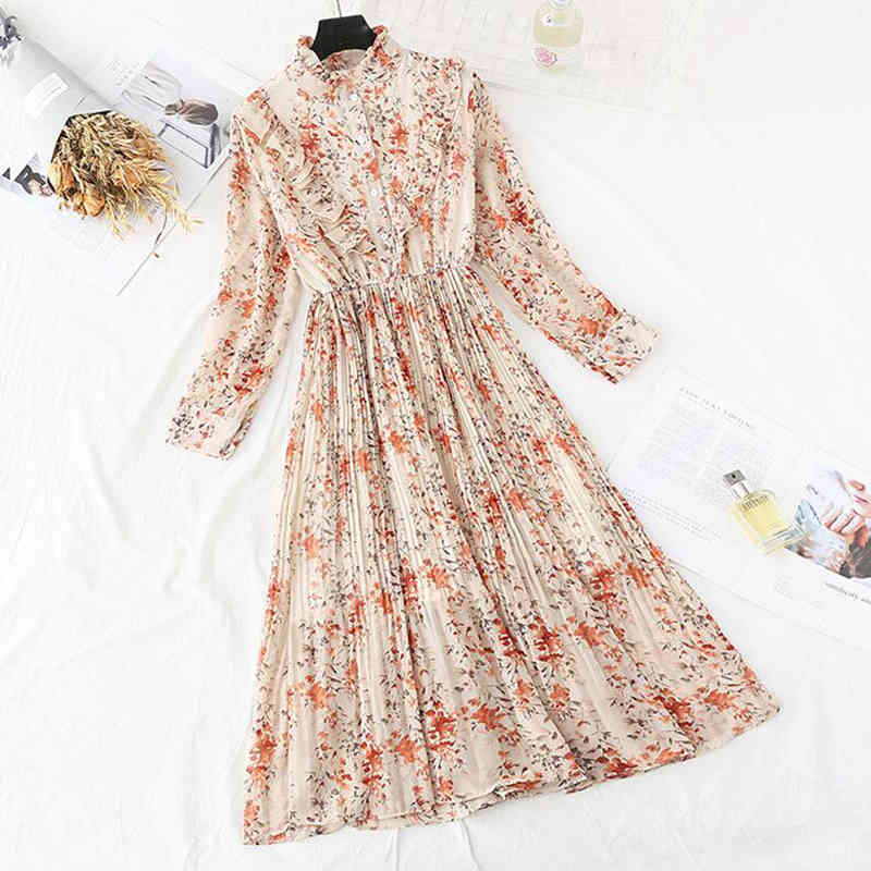 Women Chiffon Pleated Dress Spring Summer Female Vintage Long Sleeve Floral Print Dresses Casual Office Lady Midi Dress 210521