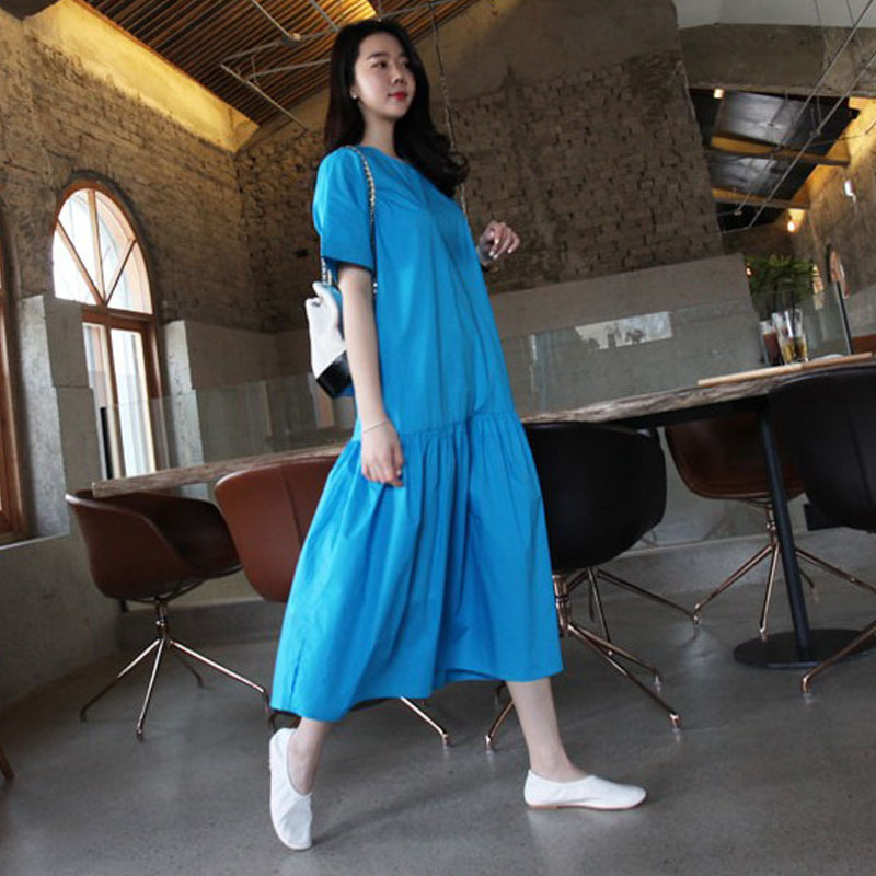 Summer Short Sleeve Blue Dress Women's Korean Version Loose Large Size Medium Length Ruffle Dresses 2D1666 210526