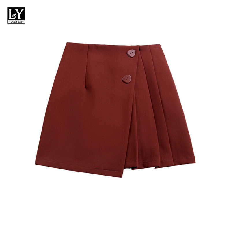 LY VAREY LIN Summer Women Solid Color Ruffles Button Ins Pleated Short Skirts High Waist Asymmetrical Mini Skirt Female 210526