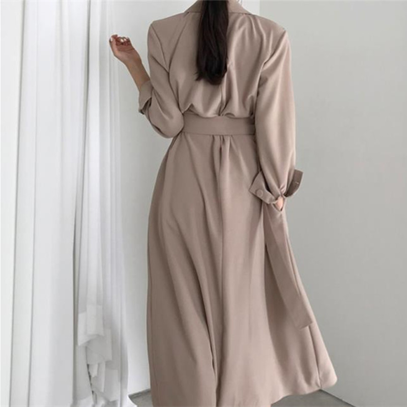 Minimalist Long Trench Coat Women Elegant OL Outwear Vintage Overcoat Suit Collar Double Breasted Windbreaker 210421