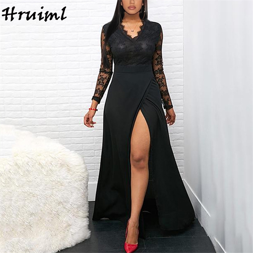 Night Dress Women Lace Thigh Slit Floor Length Black Ladies Dresses V Neck Party Vestidos De Fiesta Noche Largos Elegant 210513