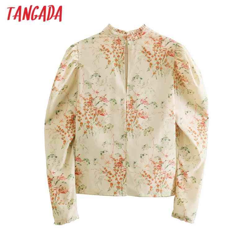 Women Retro Flowers Print Puff Long Sleeve Chic Female Short Blouse Shirt Tops CE126 210416