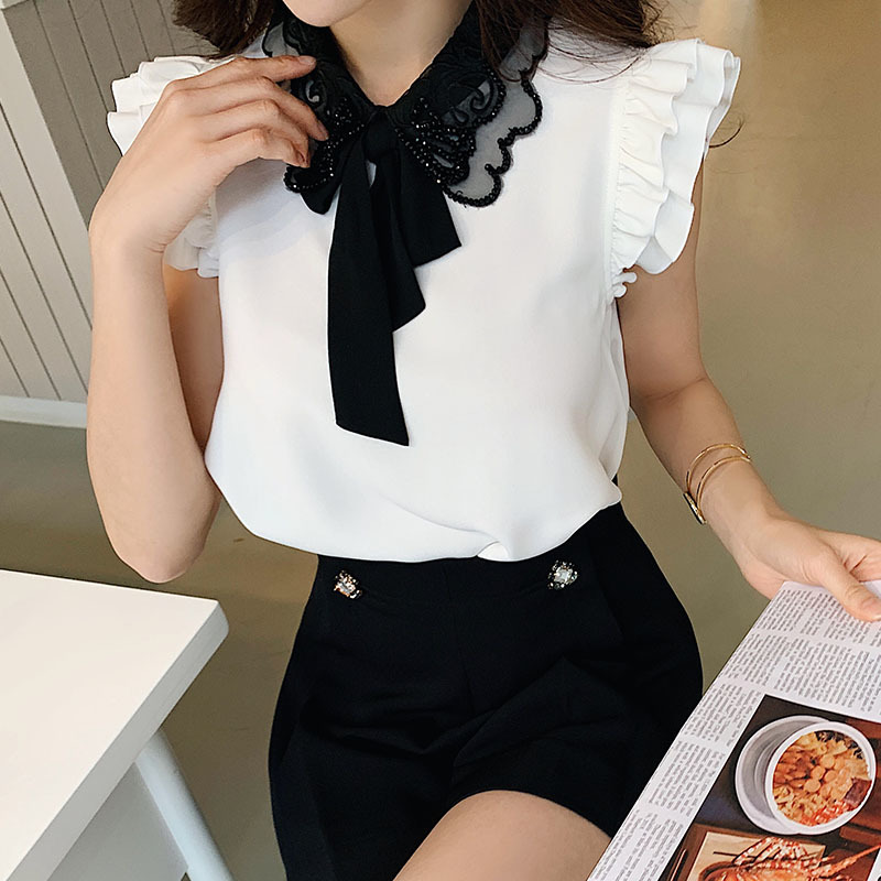Dabuwawa Exclusive White Bow Neck Blouse Women Sleeveless Ruffle Shoulder Loose Shirts Tops Office Ladies Summer DO1BST013 210520