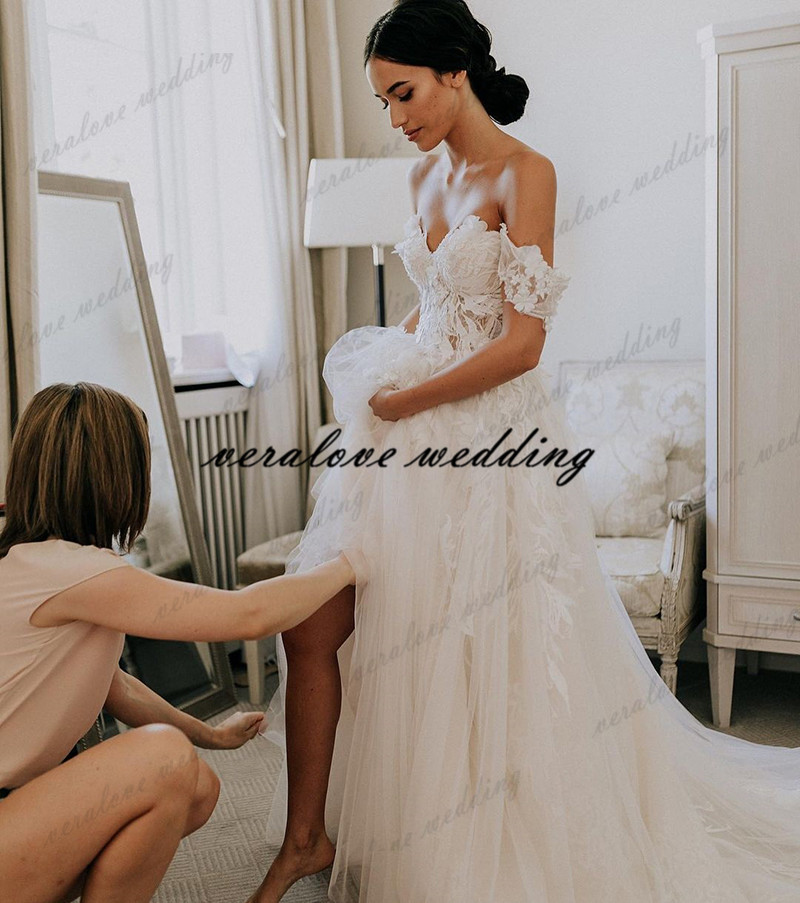 Sweetheart Off Shoulder Wedding Dress Lace 3D Flowers Bride Gowns A Line Country Boho 2021 Vintage Bridal Dresses