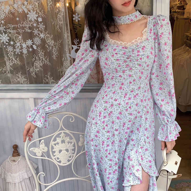 Korean Style Vintage Midi Dresses Women Casual Long Sleeve Floral Dresses Evening Party Office Lady Lace-Up Summer Chic 210521