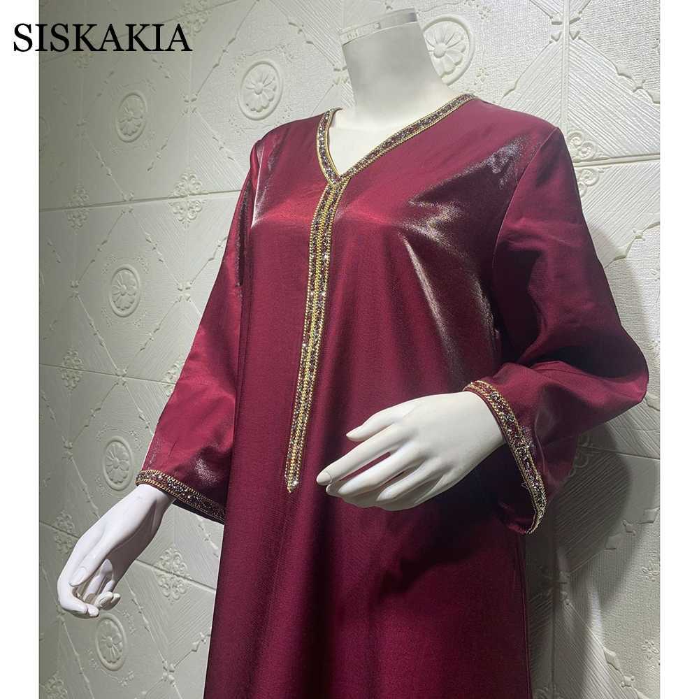 Siskakia Jalabiya Long Sleeve Maxi Dress for Women Fall Dubai Abaya Fashion Diamond Ribbon V Neck Muslim Arabic Robe 210630