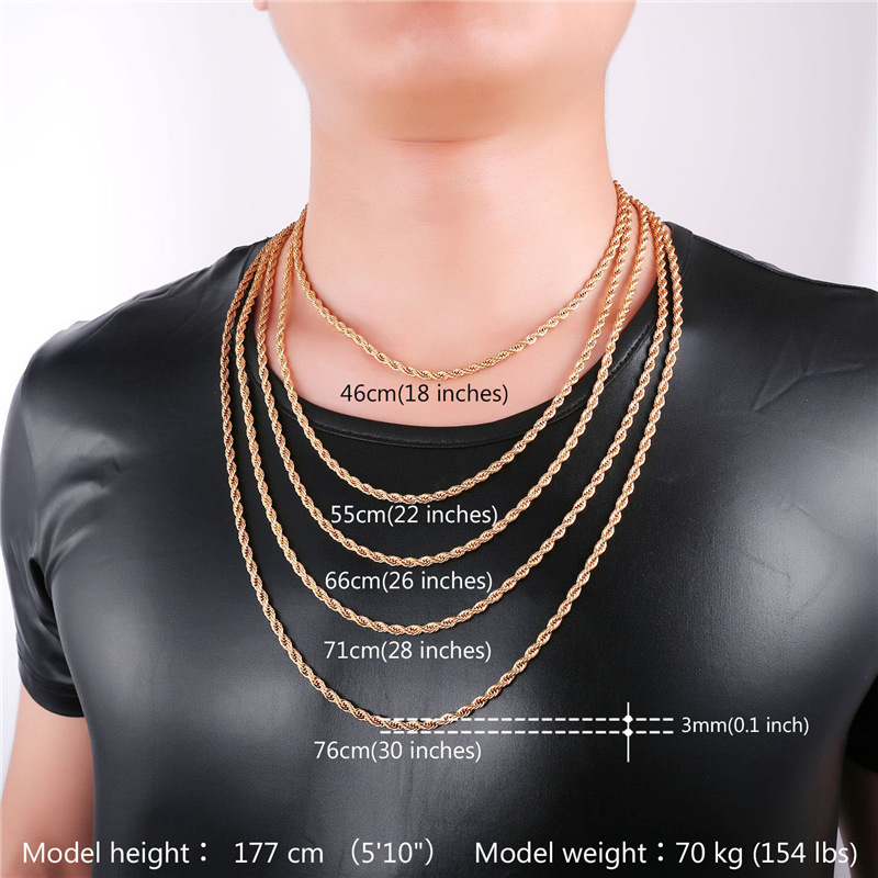Gold Chains Fashion Stainless Steel Hip Hop Jewelry Rope Chain Mens Necklace