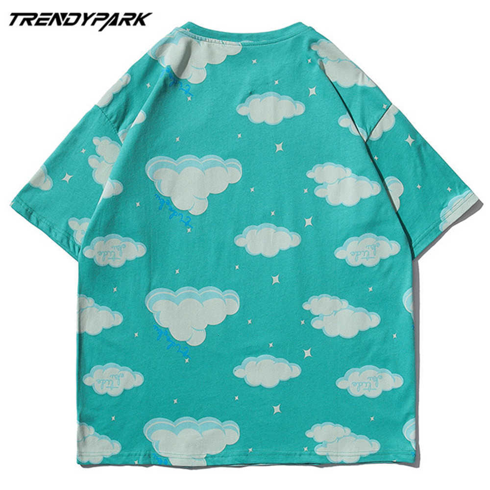 Men's T-shirt Summer Short Sleeve Cute Clouds Printed Tee Hip Hop Oversized Cotton Casual Harajuku Streetwear Tshirts 210601