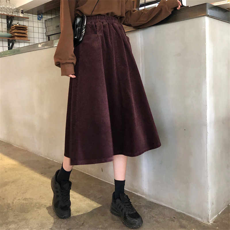Preppy Style Stylish Corduroy Large Size Winter Women Slender Elastic-Waist Vintage A-Line Casual High Waist Long Skirts 210421