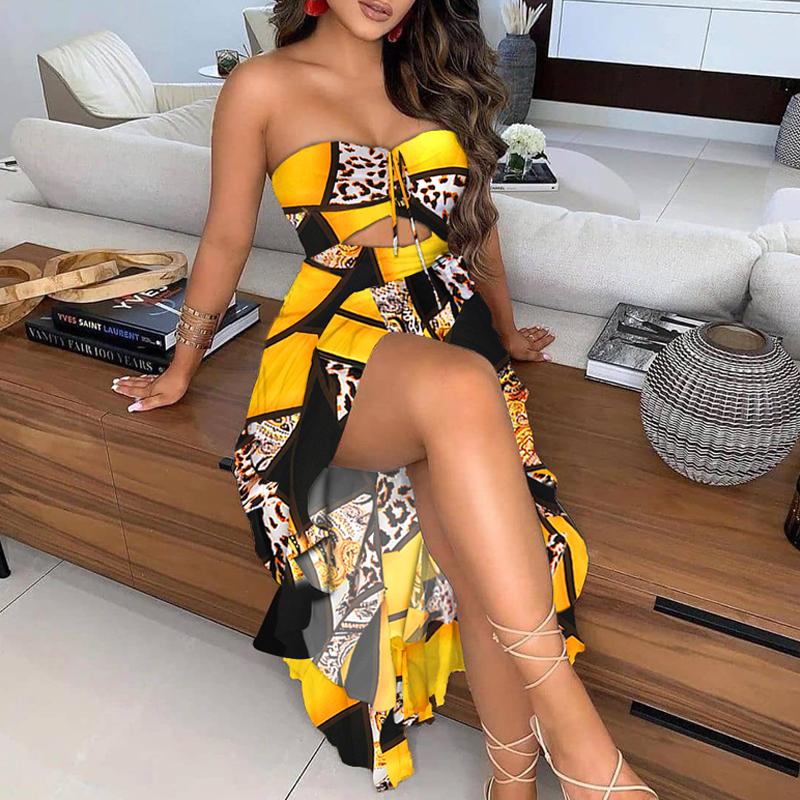 Fashion Women Floral Print High Slit Party Dress Sexy Hollow Out Strapless Beach 2021 Summer Elegant Sleeveless Long Casual Dresses