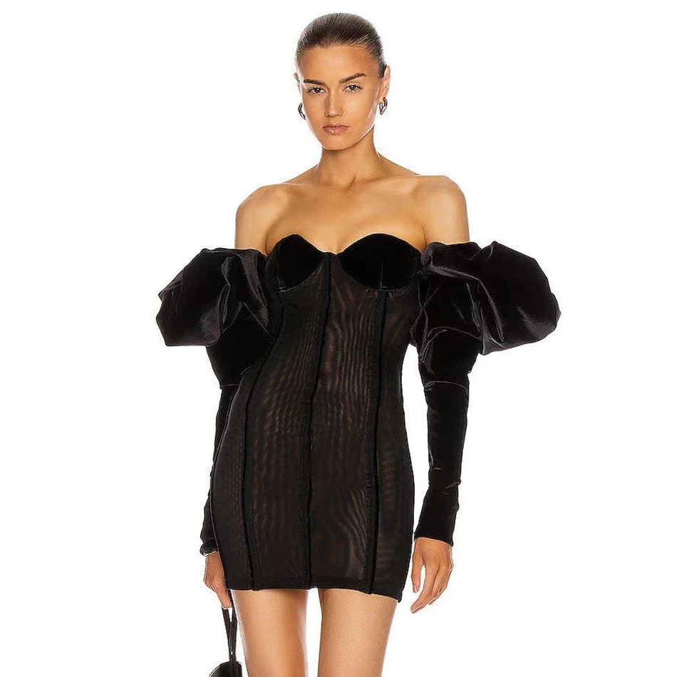 Free Spring Women's Black Dress Sexy Bubble Long Sleeve Halter Bodycon Mini Celebrity Club Party Vestido 210524