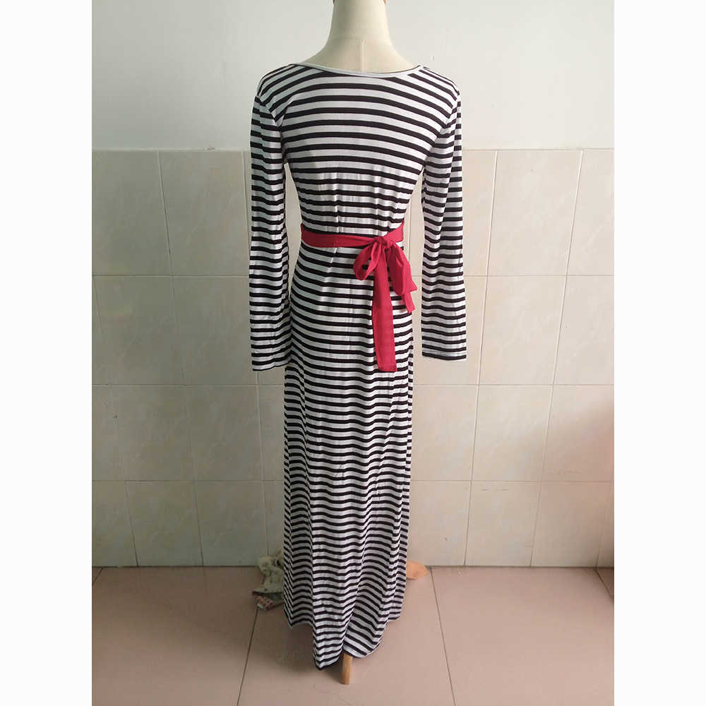 Fashion Autumn Winter Dress Womens White and Black Striped Pattern Print Long V Back Sleeve Maxi es 210603