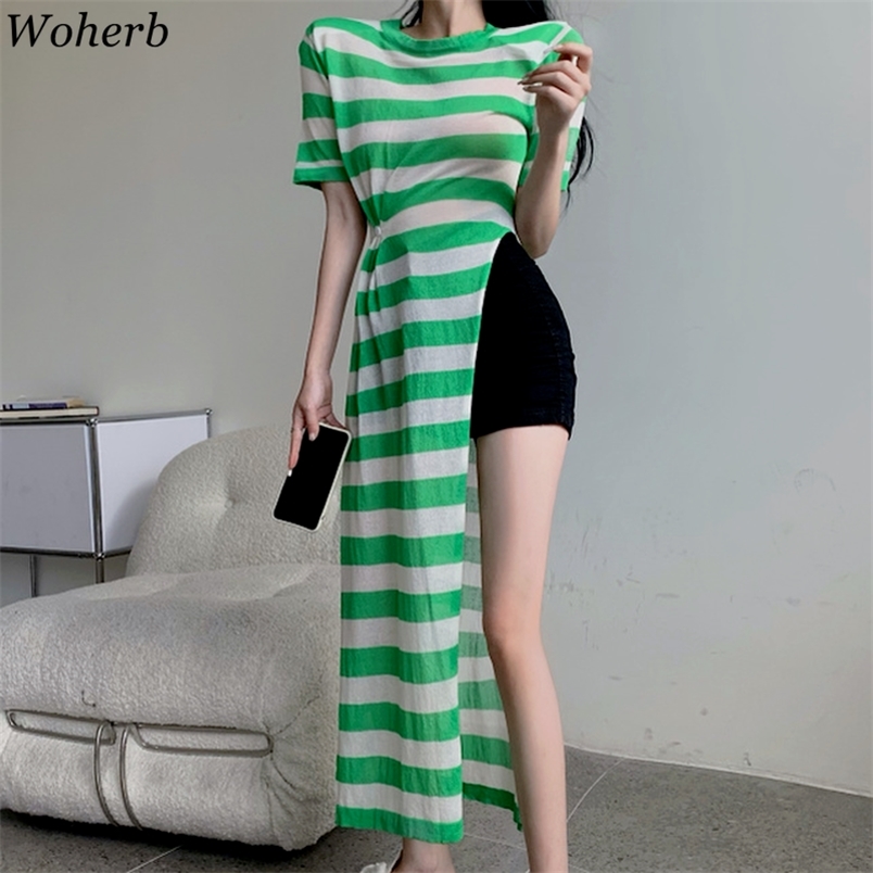 Sexy High Split Thin Knitted Dress Women Csaual Stripes Short Sleeve Dresses Summer Sunproof See Through Robe Vestidos 210519, Black
Sexy High Split Thin Knitted Dress Women Csaual Stripes Short Sleeve Dresses Summer Sunproof See Through Robe Vestidos 210519, Black