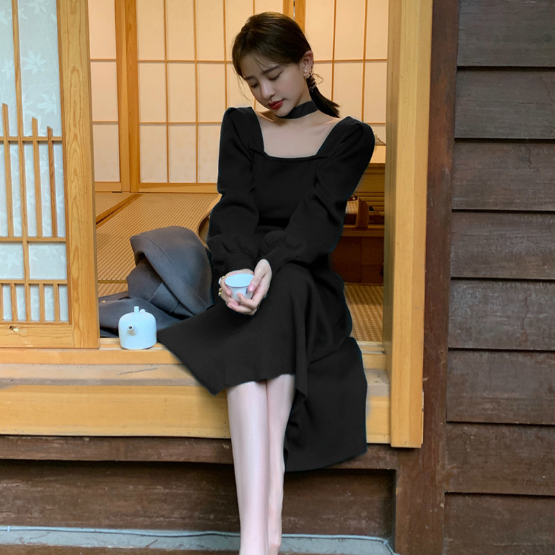 Winter Vintage Dress Women Long Sleeve Elegant Office Knit Dress Female Square Collar Retro Sweater Dress Korean 210521