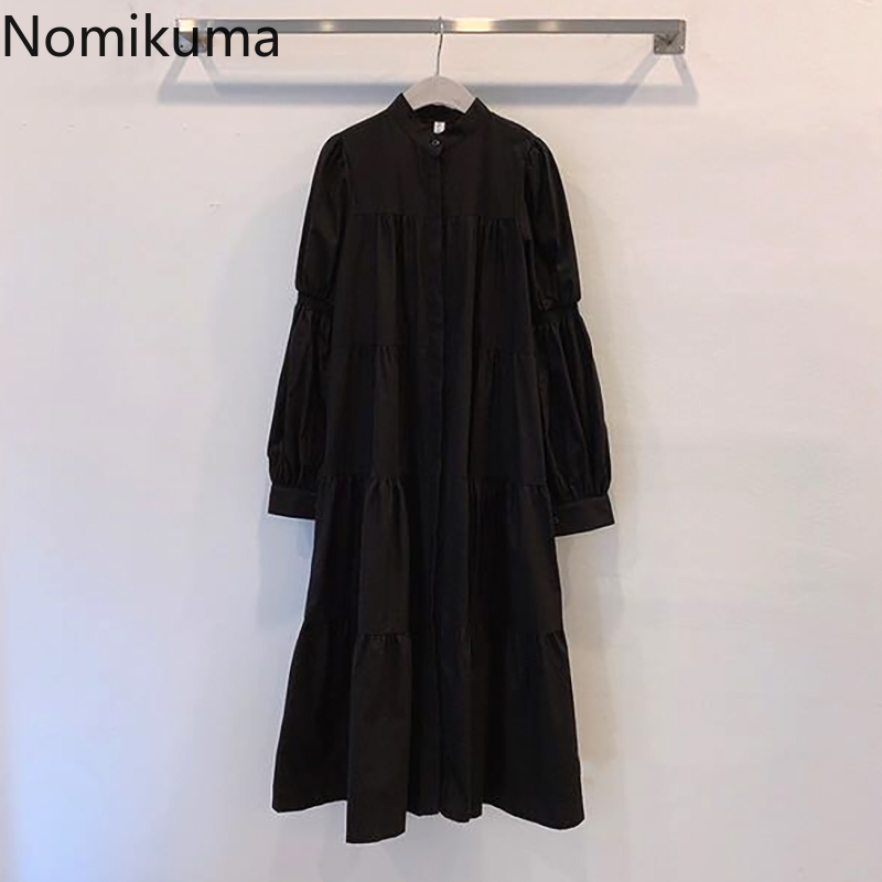 Nomikuma Vestidos New Arrival Stand Collar Long Sleeve White Dress Women Solid Color A Line Vintage Dresses Korean Style 3c363 210409