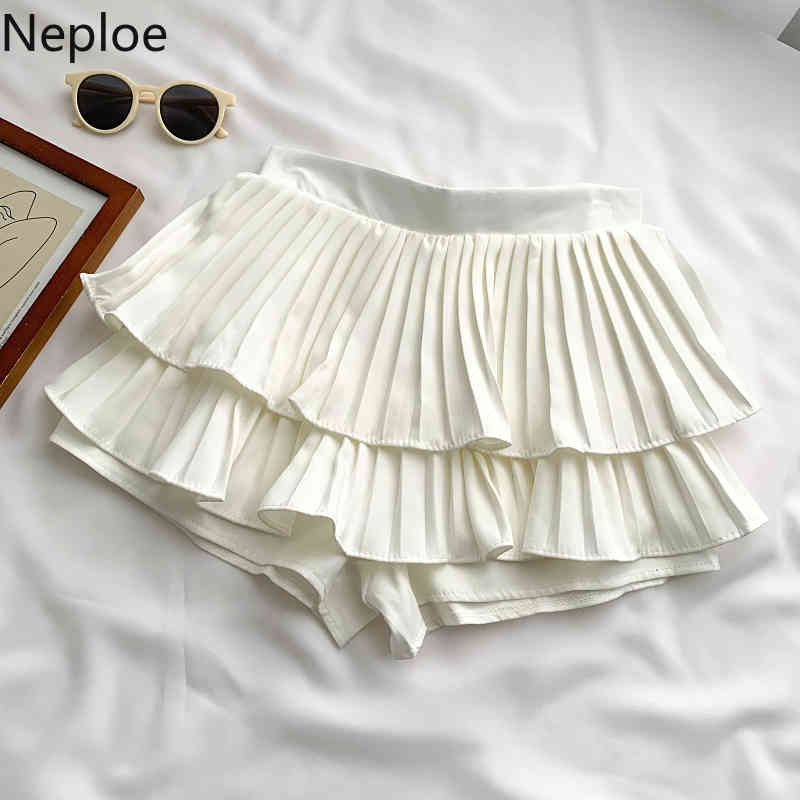 Neploe Elastic Waist Cake Shorts Skirts Women Fashion All Match Thin Pleated Wide Leg Pants Sweet Ruffles Cute Mujer Pantalones 210422