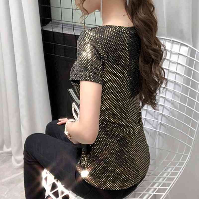 Fall Summer European Clothes T-Shirt Fashion Shiny Sequins Women Tops Short Sleeve Bottoming Shirt Girl Tees New T06405 210406