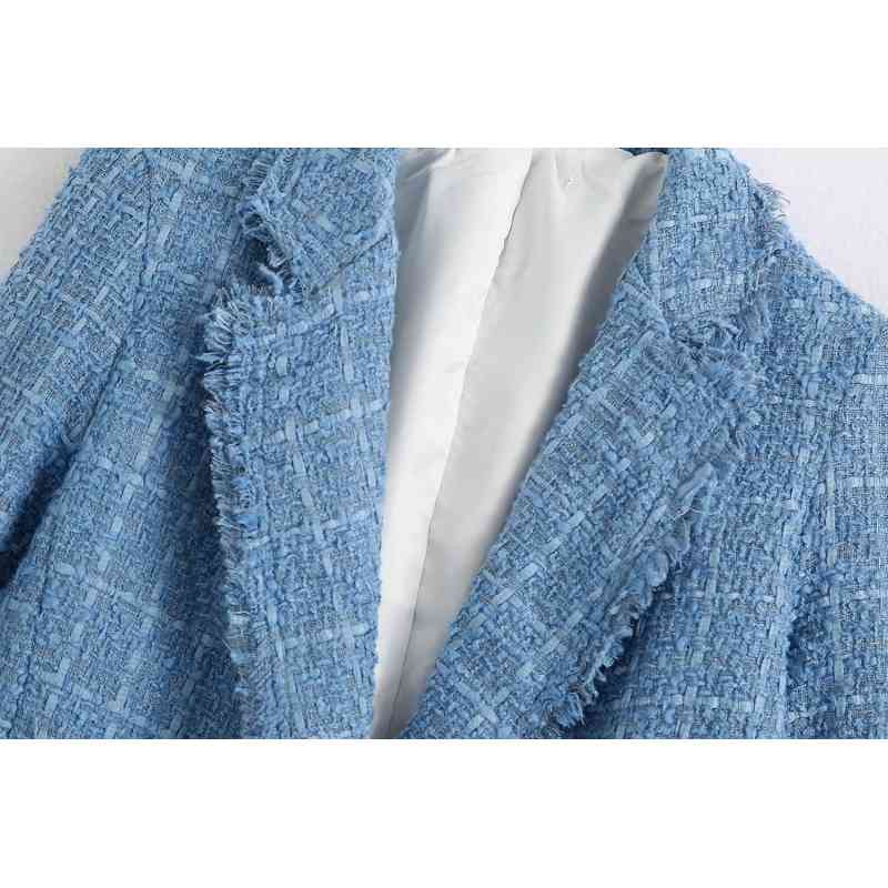 Tweed Women Elegant Blue Blazers Fashion Ladies Vintage Loose Blazer Jackets Casual Female Streetwear Suits Girls Chic 210430