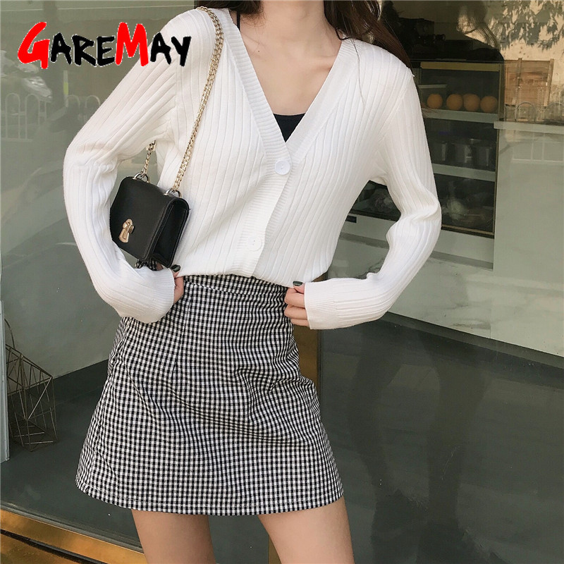Autumn Cropped Cardigans Women Long Sleeve Casual Short Knitted Sweaters Buttons V Neck Female Cardigan Outwear 210428