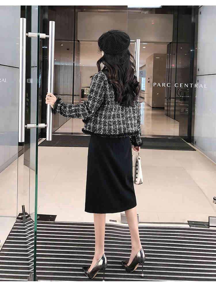 Autumn Winter Women Small Fragrance Vintage Plaid Tweed Jacket Coat Korean Elegant Long Sleeve Slim Short Outerwear 210519