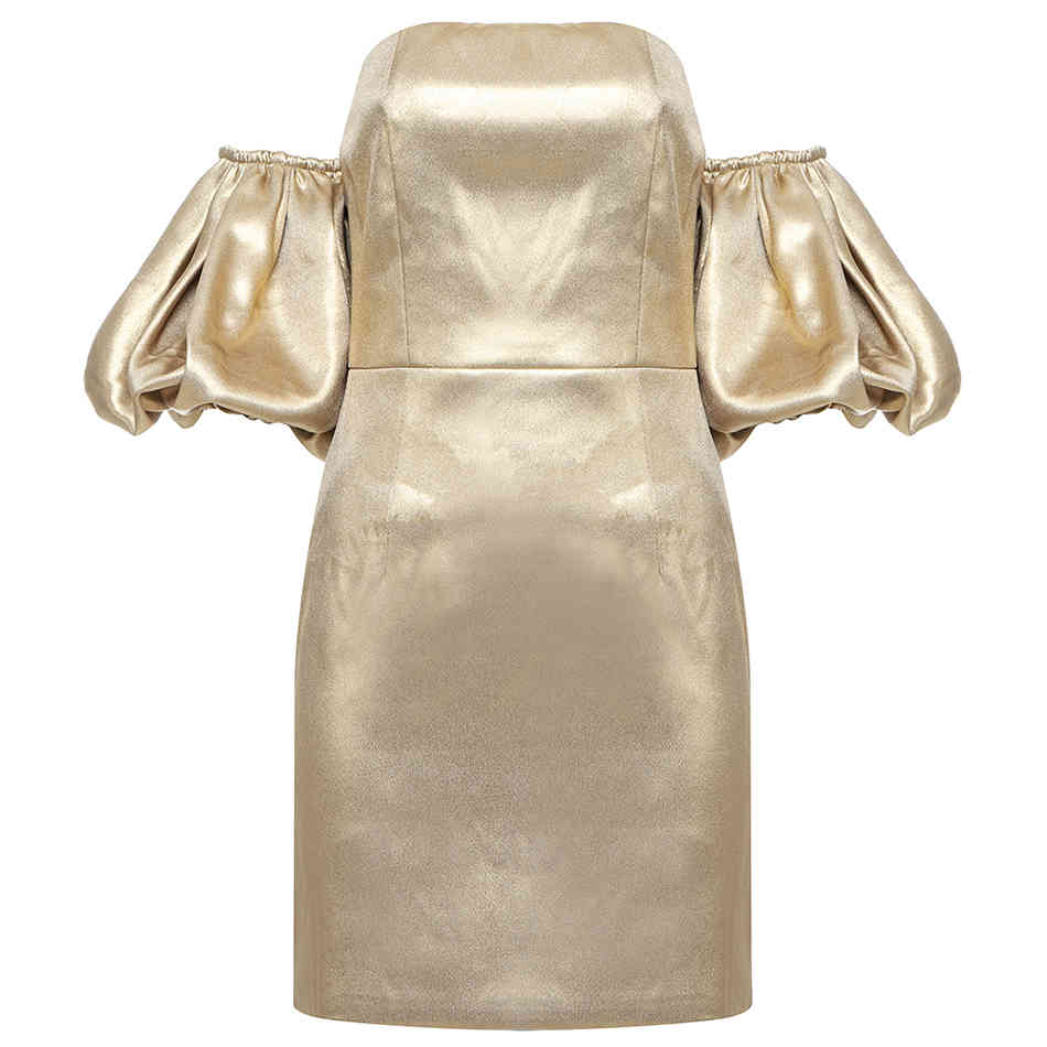 Arrival Women Gold Off Shoulder Club Mini Dress Sexy Short Lantern Sleeve Celebrity Evening Runway Party Dresses 210423