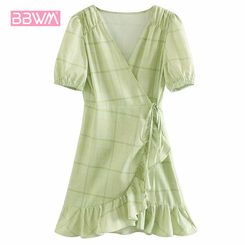 Plaid Pleated V-Neck Tie Summer Fishtail Haruku Dress Beach Vacation