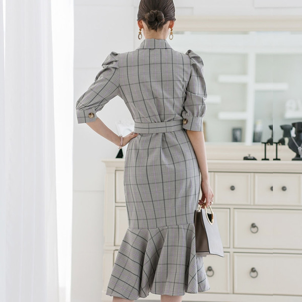 Korean Women Fashion Elegant Double Breasted Gray Plaid OL Style Midi Dress High Quality Ruffles Fishtail With Belt 210519