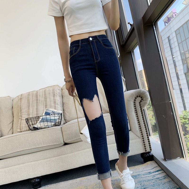 Kog795 Deep Blue Dark Blue Hole New Female Qiu Han Edition High Waist Jeans Cultivate One'S Morality Show Elastic Foot Trouse