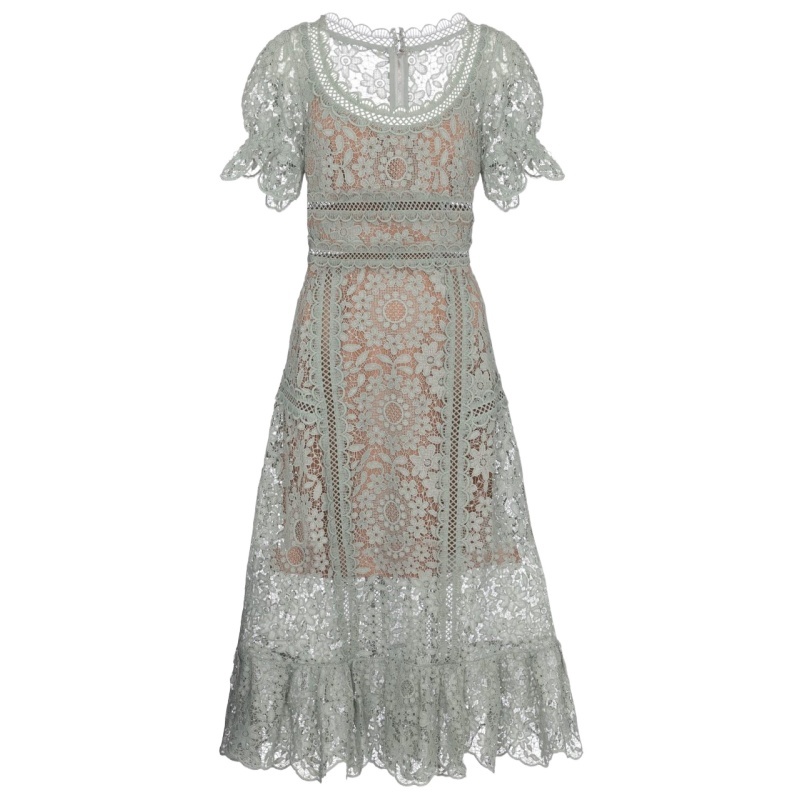 Fashion Elegant Solid Lace Hollow Out Dress Women's Flared Sleeves Vintage Green Summer Dresses Vestidos 210520