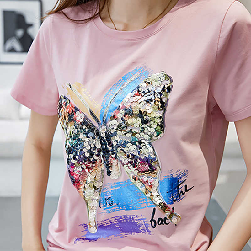 Shintimes Tee Femme Tshirt With Sequins T Shirt Women Summer Tops Casual T-Shirt Short Sleeve Camisetas Mujer Verano T200716