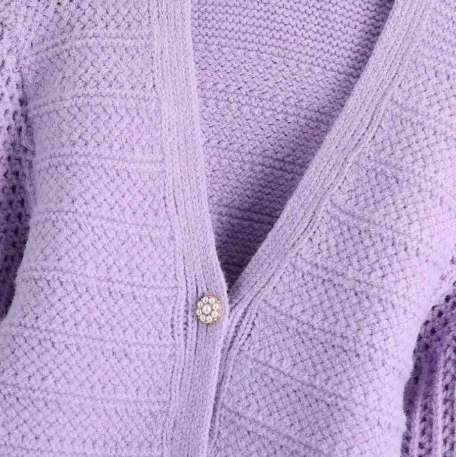 Female Purple Single Breasted Fashion V Neck Cardigan Hollow Out Vintage Sweater Female Chic Long Sleeve Knitted Blouse 210521wtt