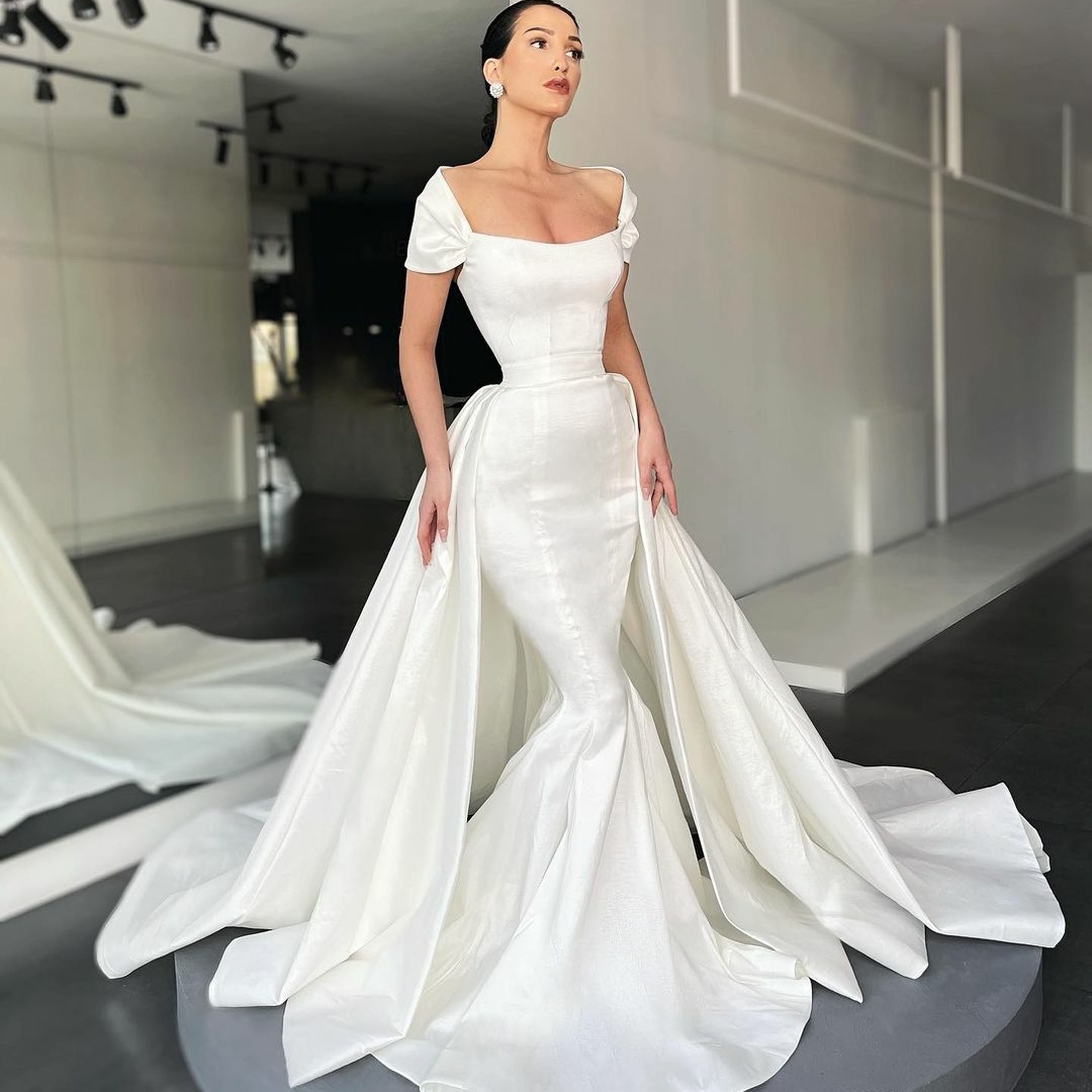 Elegant Satin Mermaid Wedding Dresses Cap Sleeve Bridal Gowns with Detachable Train vestido de novia Customise