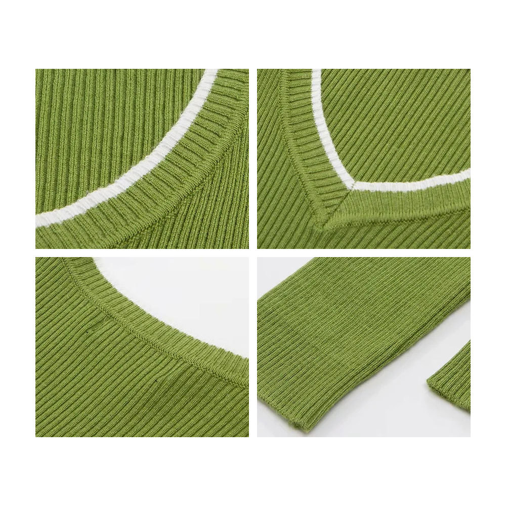 Women Sexy V Neck Crop Sweaters Autumn Casual Hit Color Long Sleeve Knitted Pullover Elegant Jumpers 210428