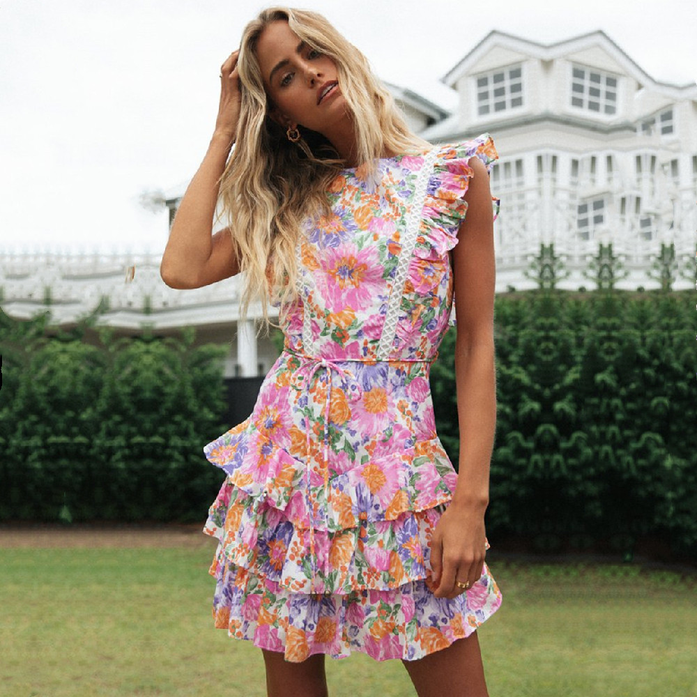 Boho Floral Dress Bikini Cover-ups Sexy Ruffle Babydoll Summer Beach Tunic Women Wear Swim Suit Cover Up A840 210420