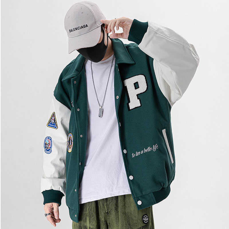 Men's Varsity Uniform Baseball Jacket PU Leather Sleeve Single Breasted Appliques Bomber Jacket Embroidery Patches Casual Coat 210818