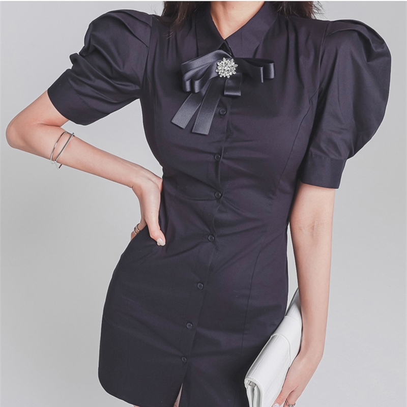 Fashion Elegant Women Solid Color Bowknot Lapel Puff Sleeve Mini Shirt Dress Office Lady Slim Waist Bodycon 210519