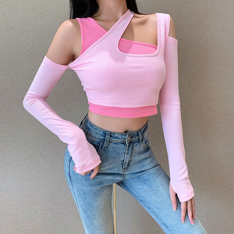Asymmetrical Collar Streetwear Color Contrast Twopiece Open Navel Female Belt Vest Cover Sping And Summer GX822 210428