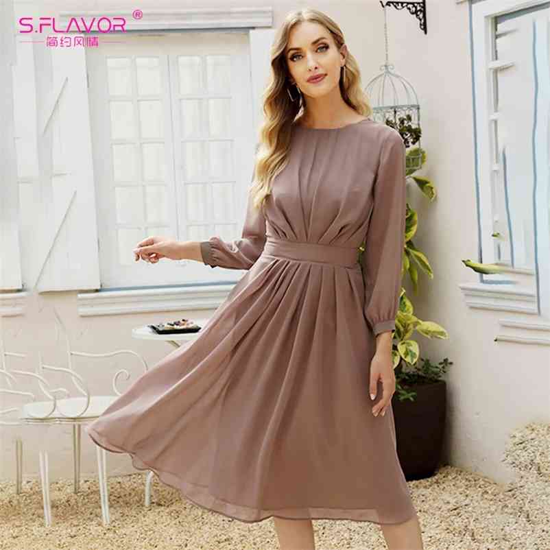S.FLAVOR Spring Fashion Women Brown Chiffon Dress Elegant Long Sleeve Pleated A-Line Dress Solid Summer Women Boho Midi Vestidos 210409